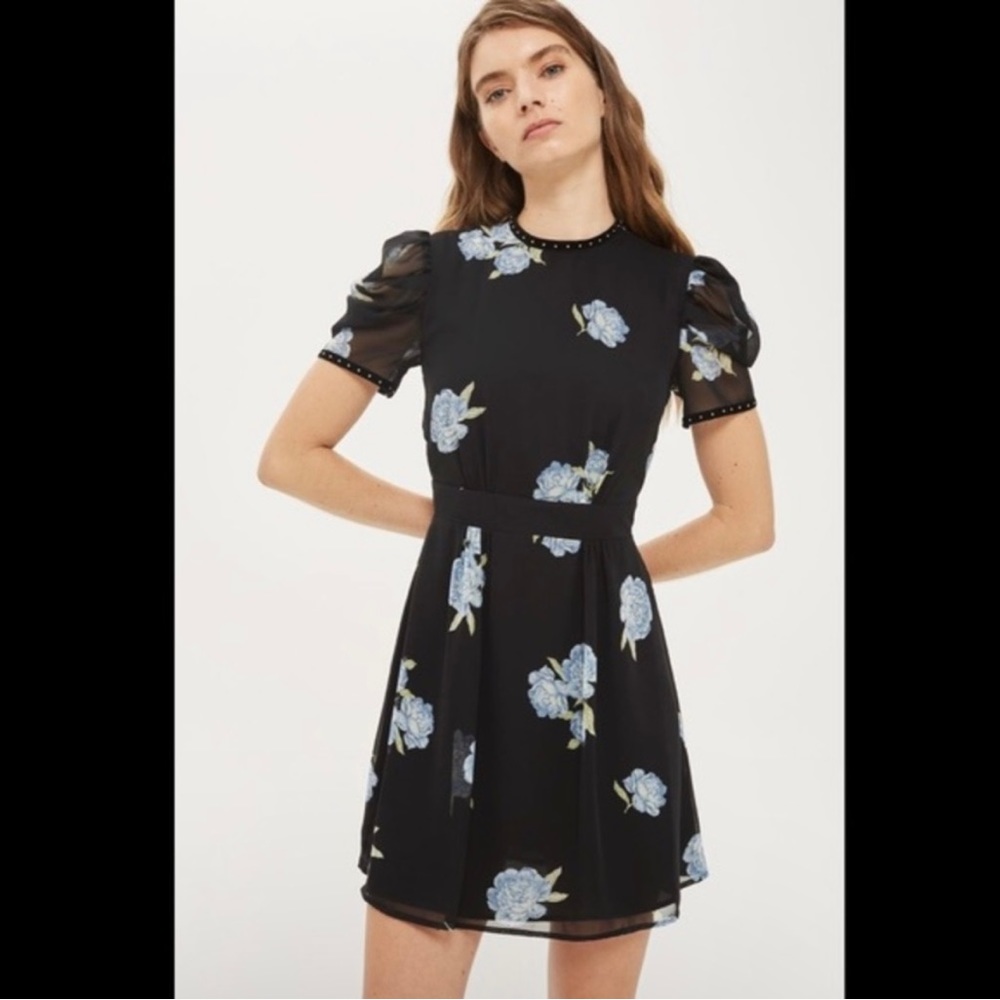 TOPSHOP Petite Bloom Studded Sleeve Skater Dress